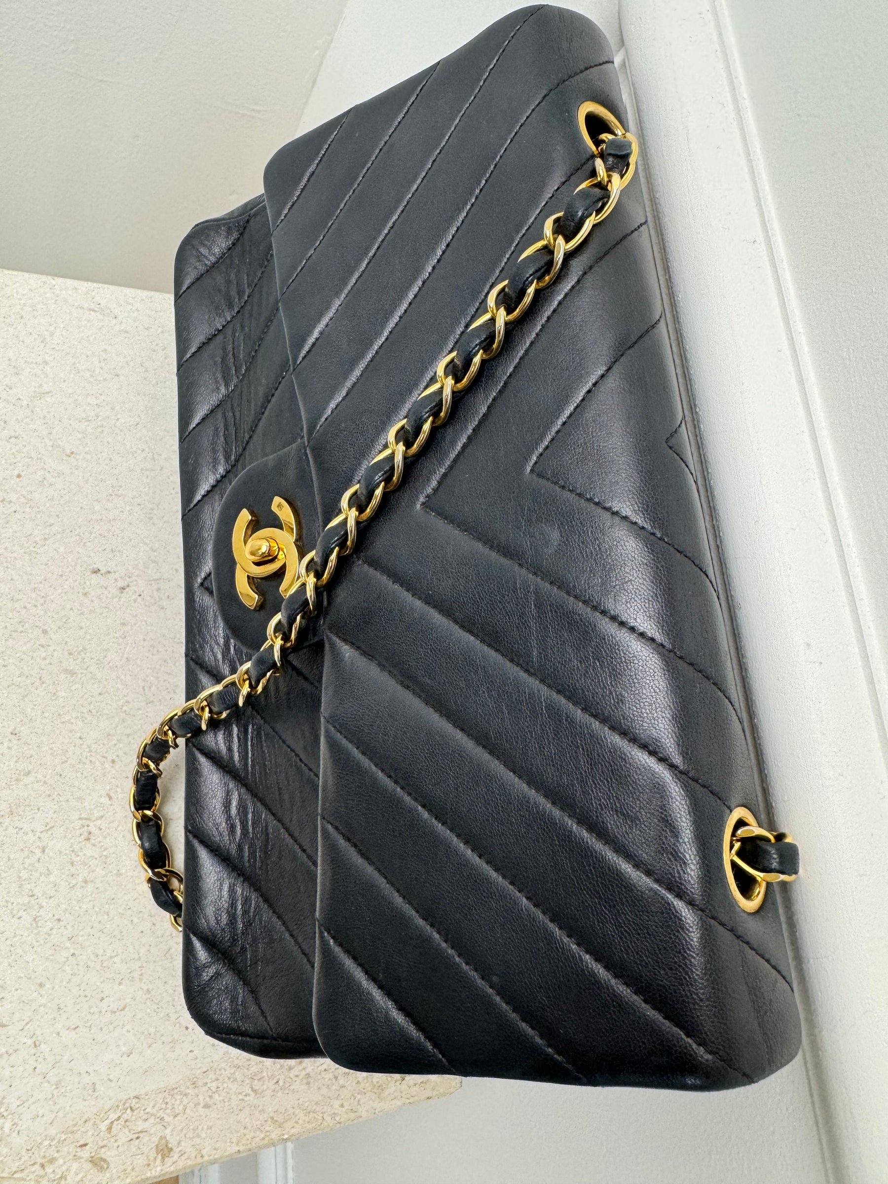 Chanel Black Chevron Leather Small Classic Flap