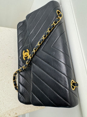 Chanel Black Chevron Leather Small Classic Flap