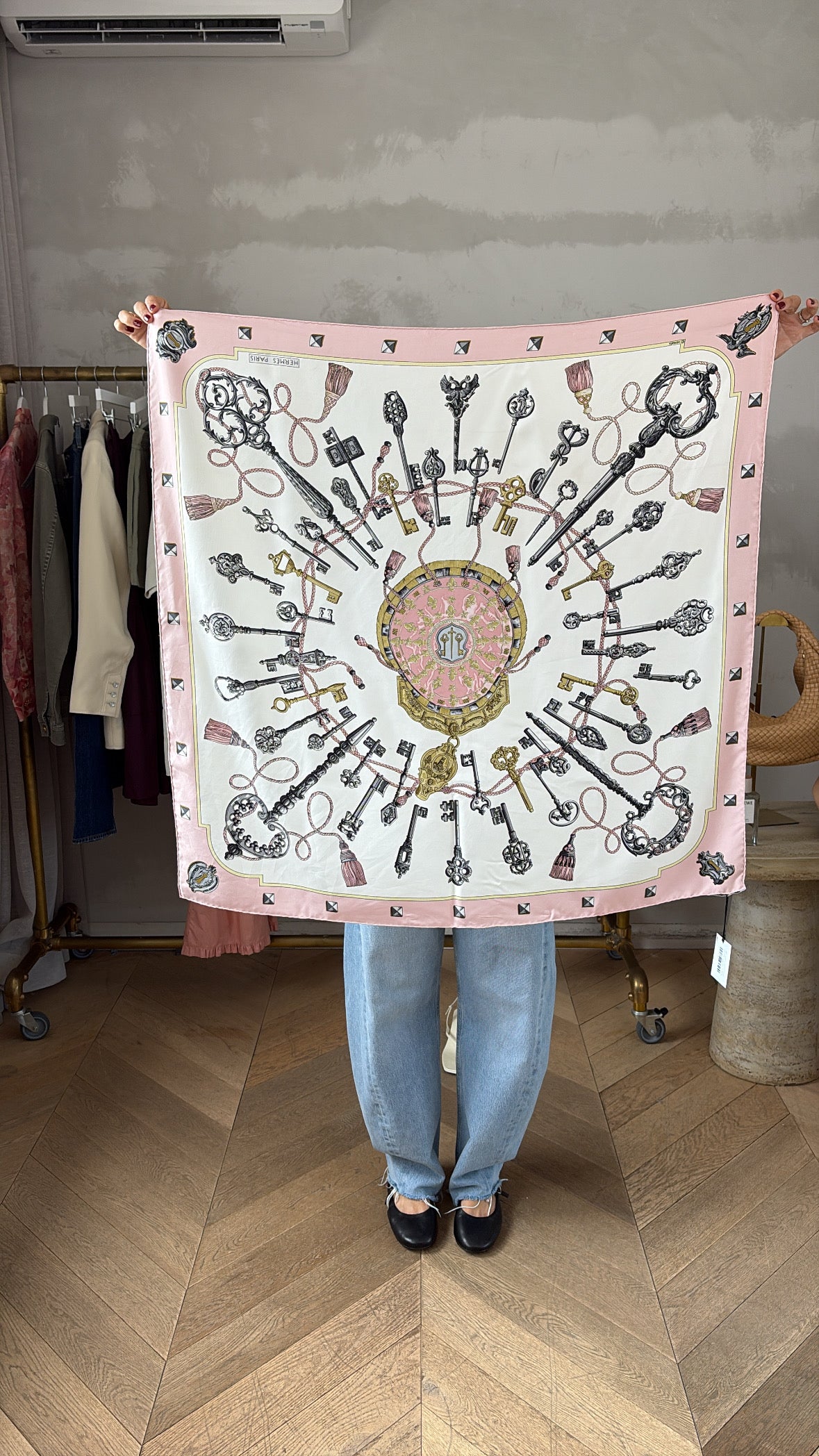 Hermès Pink and White Key Printed Silk Scarf