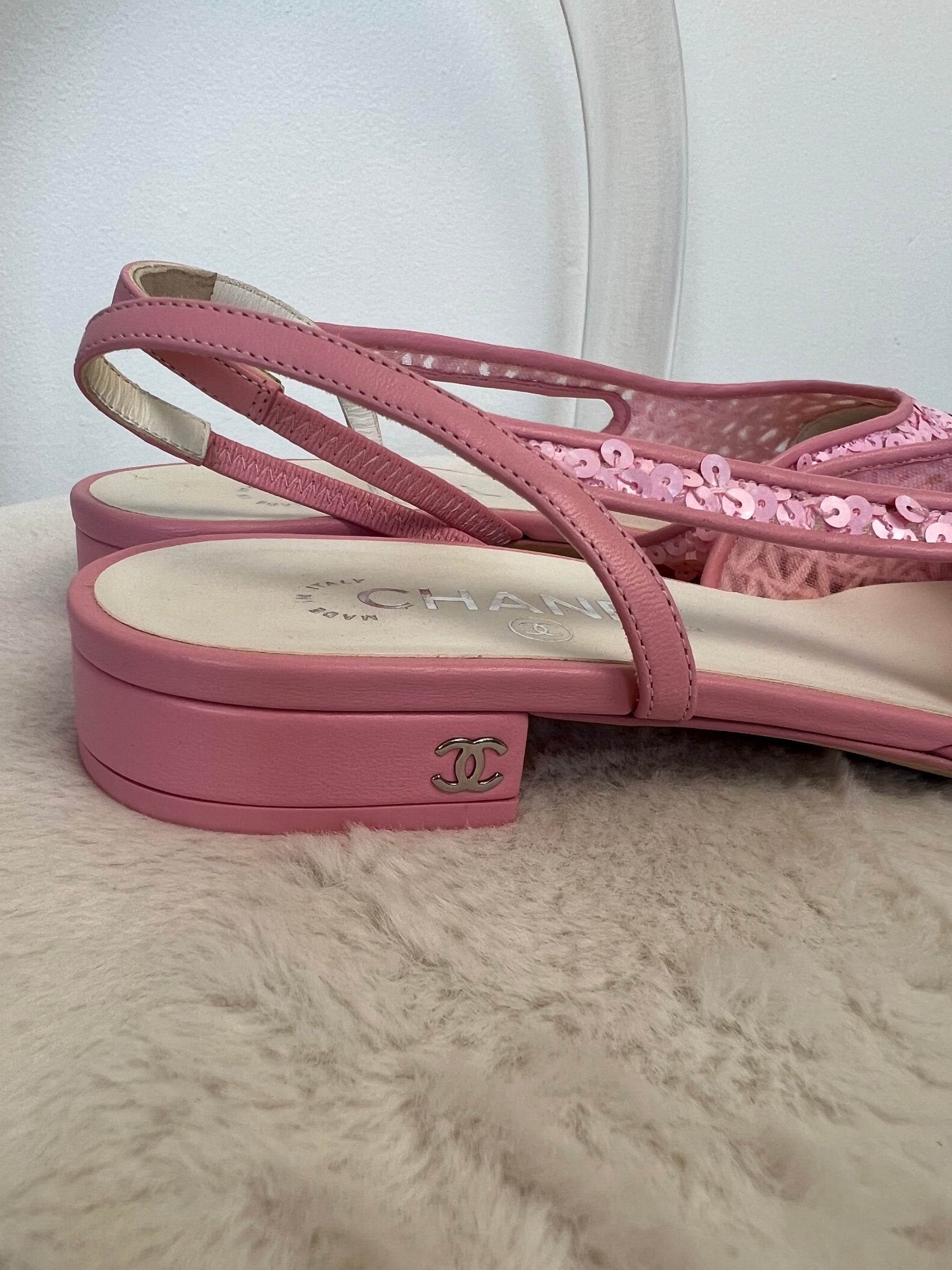 Chanel Pink Sequin Slingback Flats, 40C
