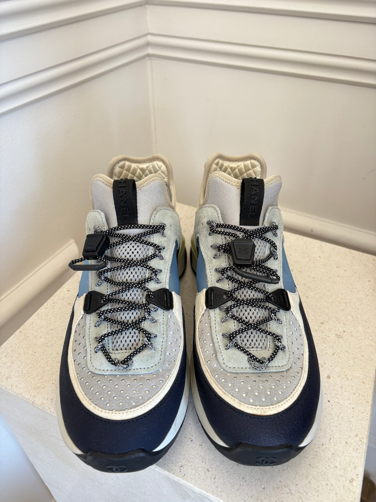 Chanel Navy and Sage Logo Trainers, 38