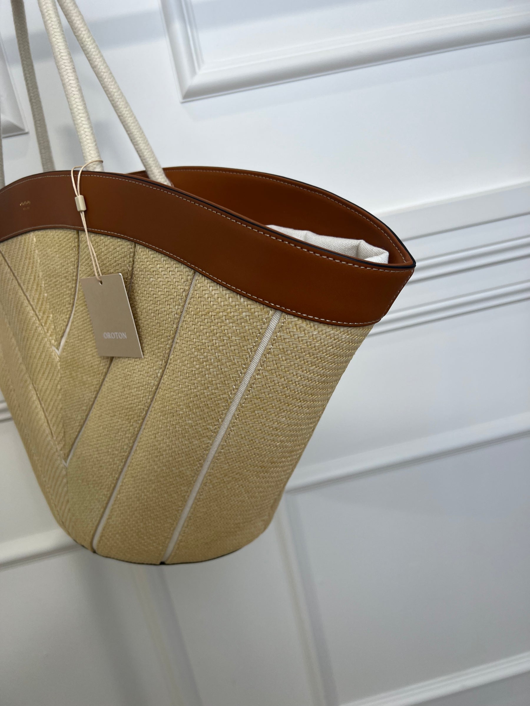 Oroton Straw Chevron Leather Trimmed Tote Bag