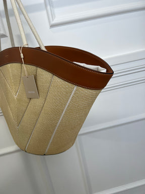 Oroton Straw Chevron Leather Trimmed Tote Bag