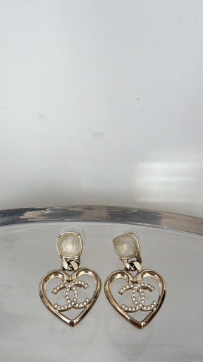 Chanel Gold Tone CC Drop and Crystal Stud Earrings