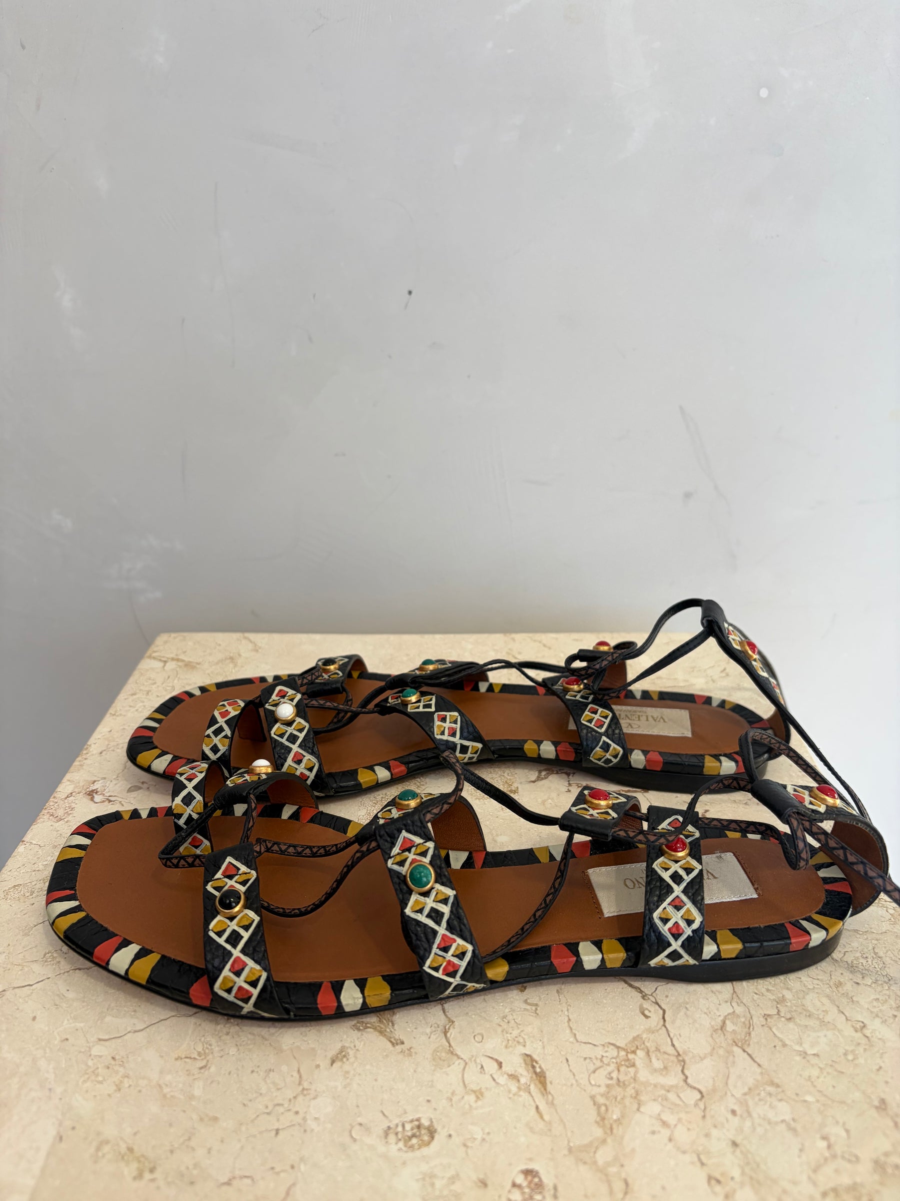 Valentino Garavani Black Yellow and Red Studded Strappy Sandals, 38