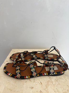 Valentino Garavani Black Yellow and Red Studded Strappy Sandals, 38