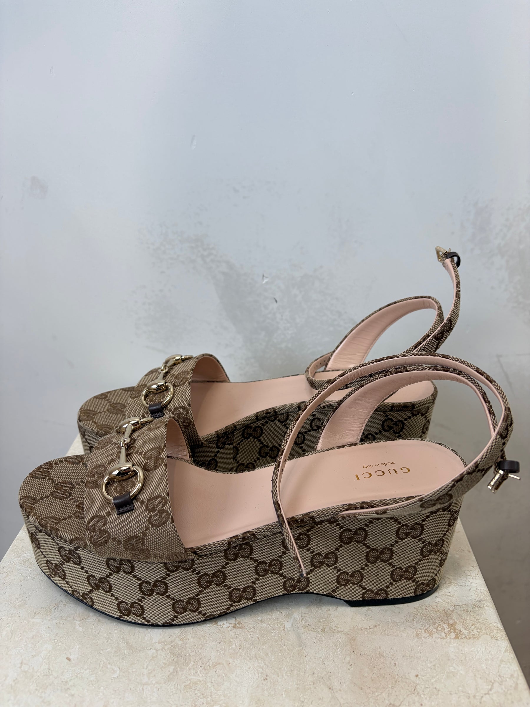 Gucci Canvas Monogram Platform Wedges, 38