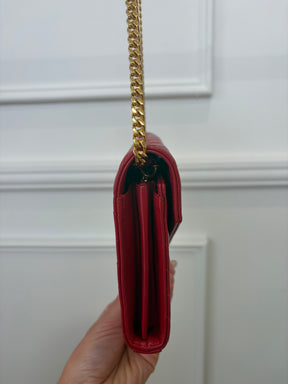 Saint Laurent Red Grained Chevron Leather Cassandre Chain Wallet