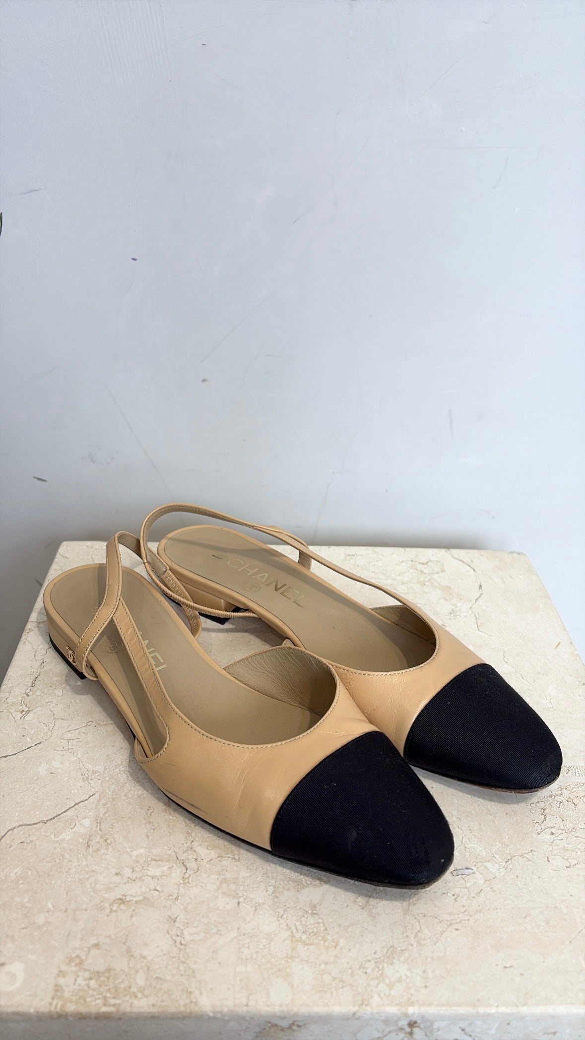 CHANEL Beige Sling Back With Black Toe, 37.5C