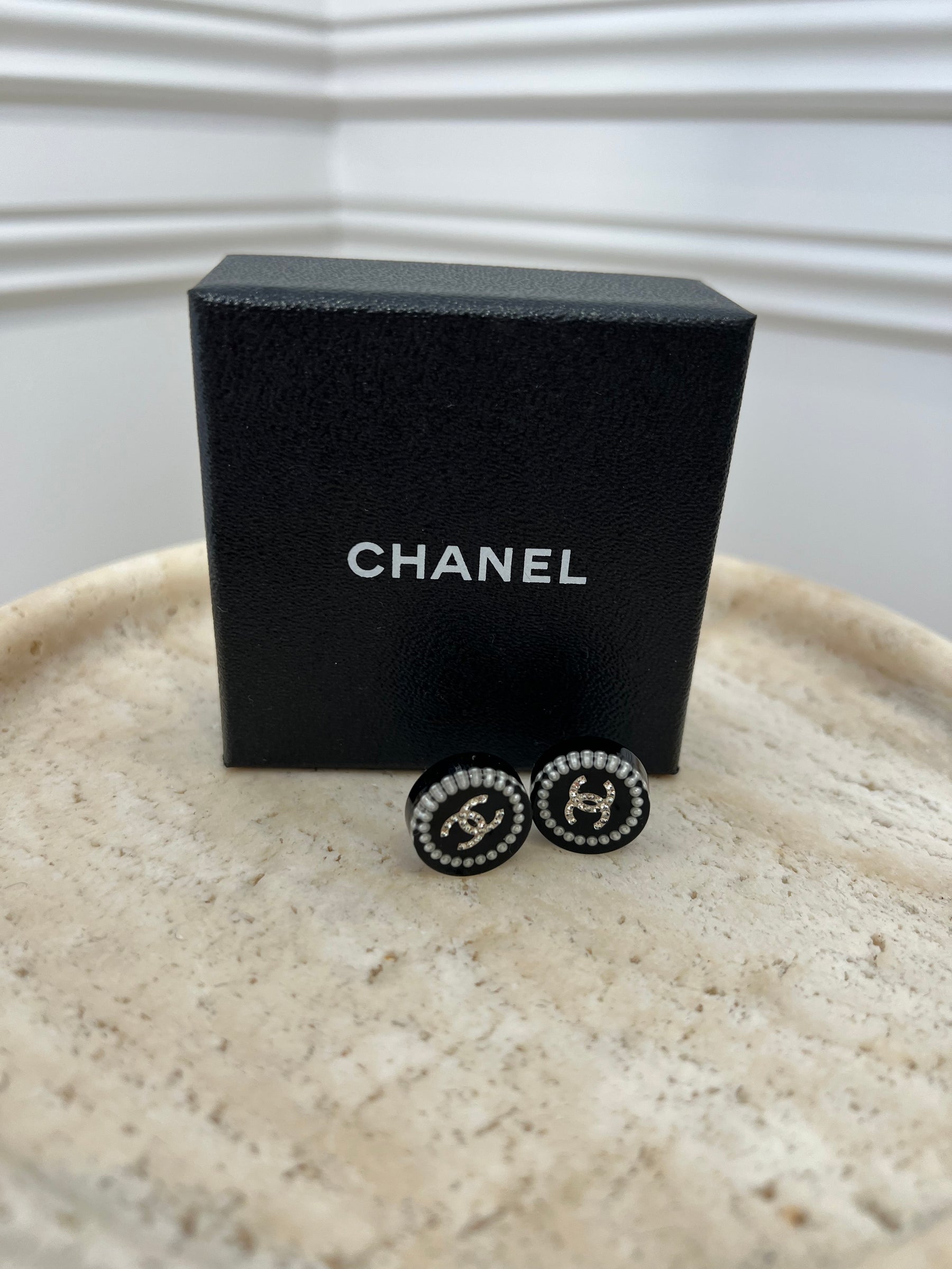 Chanel Black Round CC Logo Stud Earrings