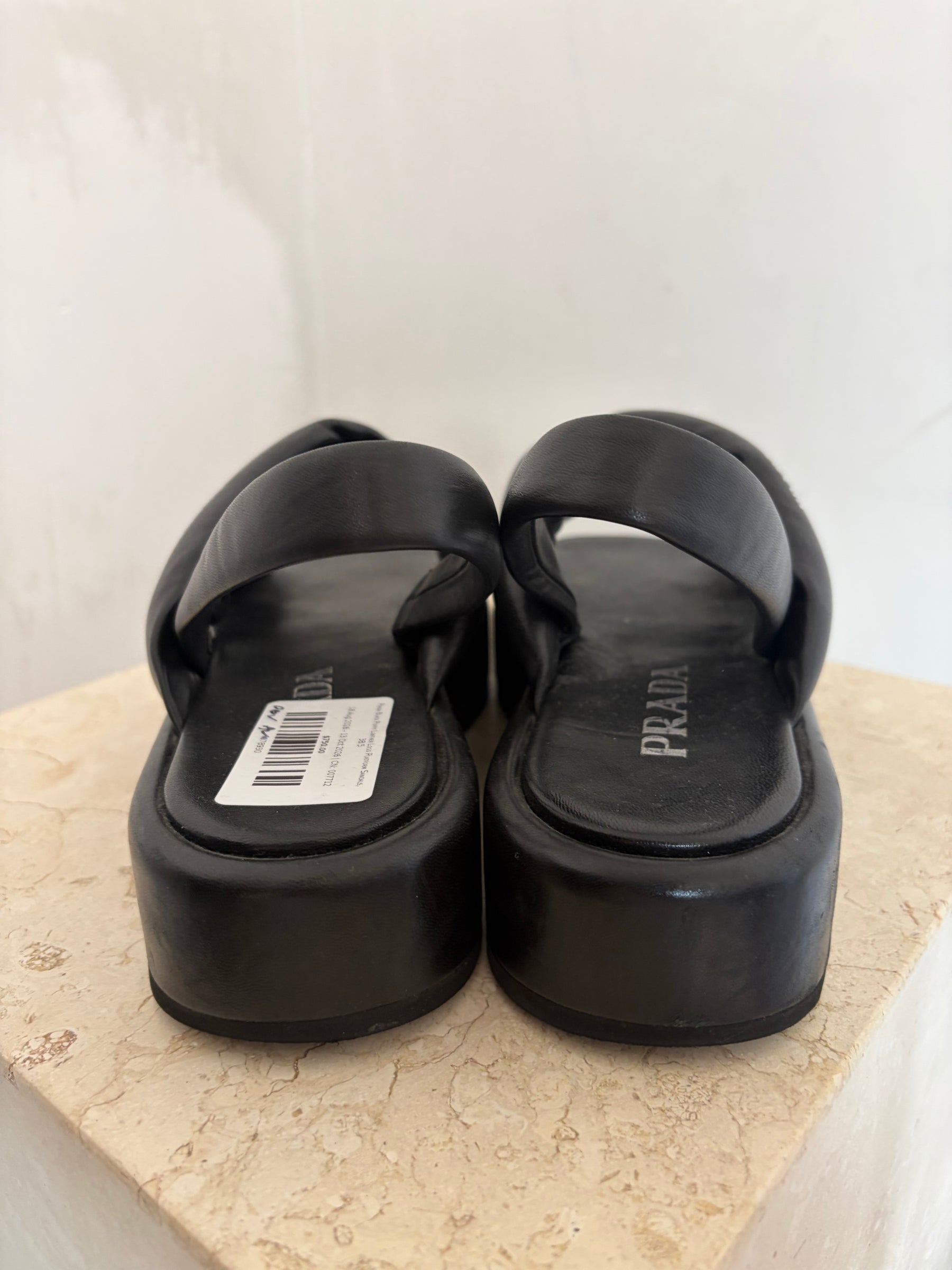 Prada Black Puffy Leather Logo Platform Sandals, 38.5