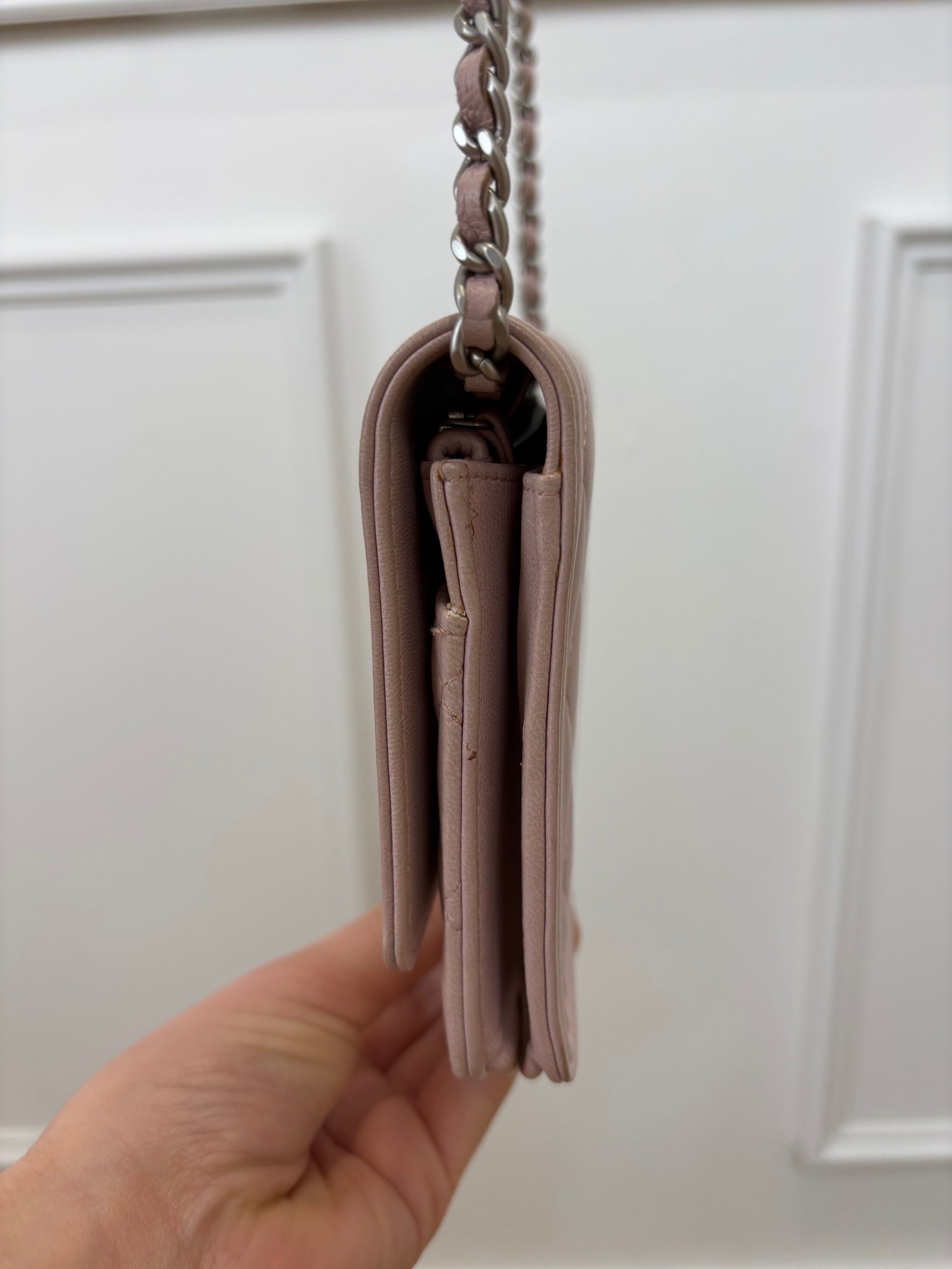 Chanel Baby Pink Iridescent Leather Boy Wallet On Chain