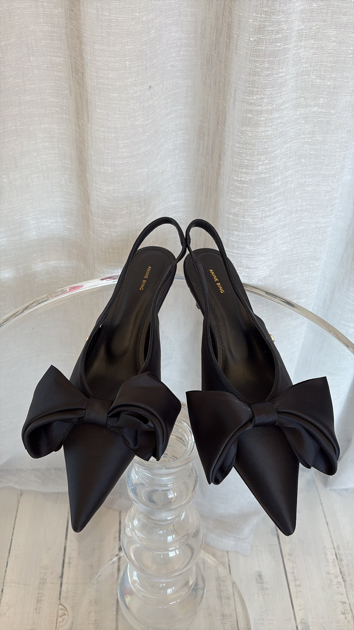 Anine Bing Black Satin Bow Front Pointed Slingback, 40