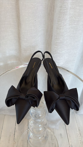 Anine Bing Black Satin Bow Front Pointed Slingback, 40