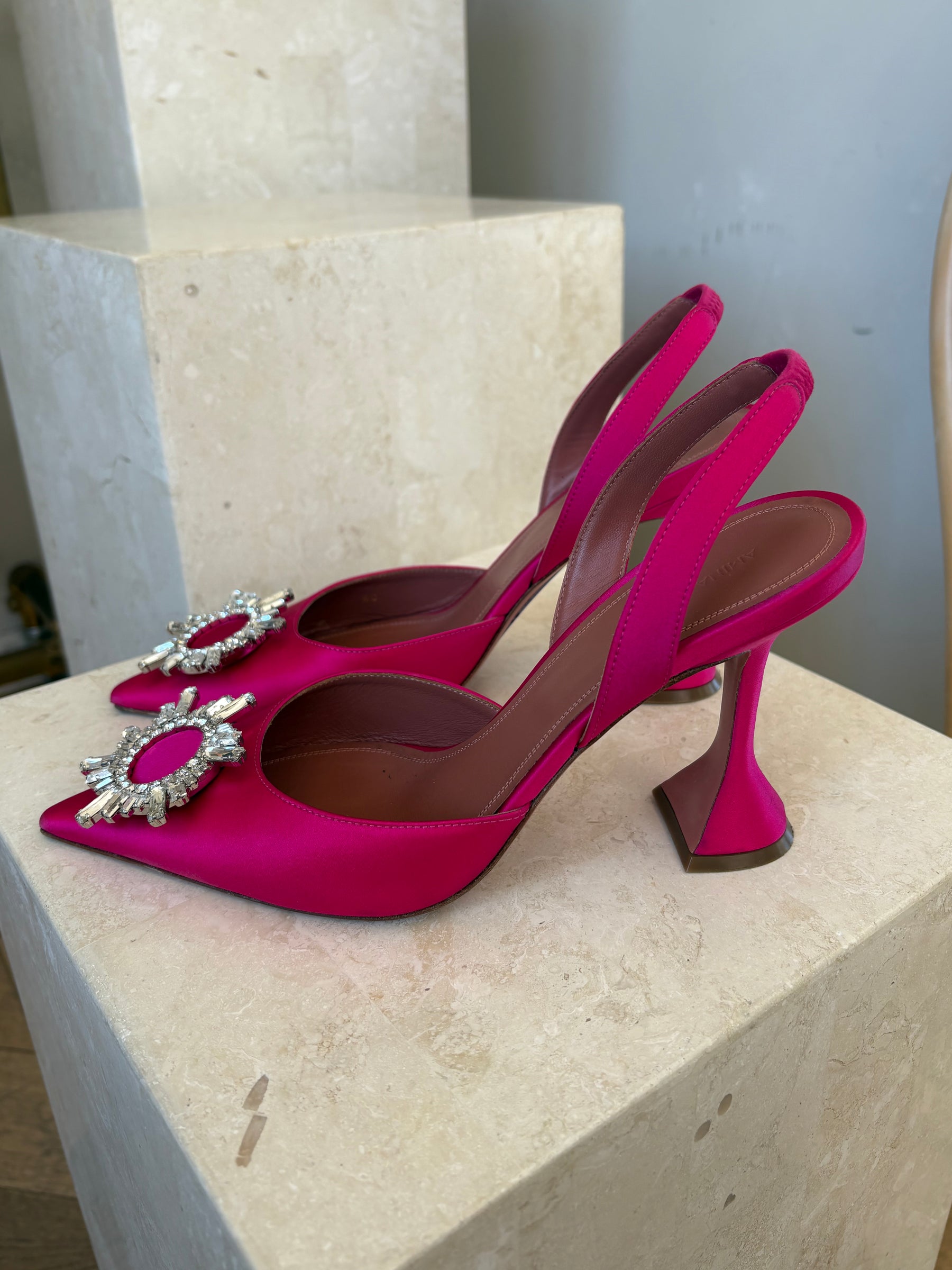 Amina Muaddi Hot Pink Satin Begum Slingback Heels, 40
