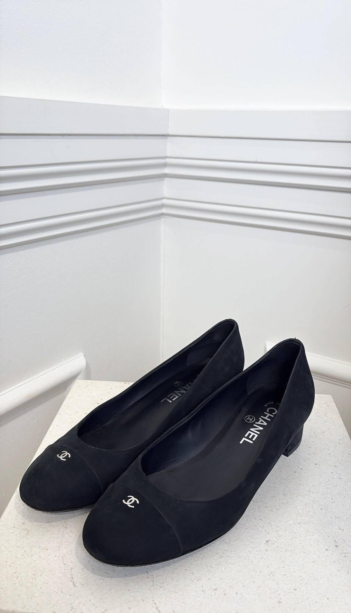 Chanel Black Suede Cap Toe Pumps, 39.5