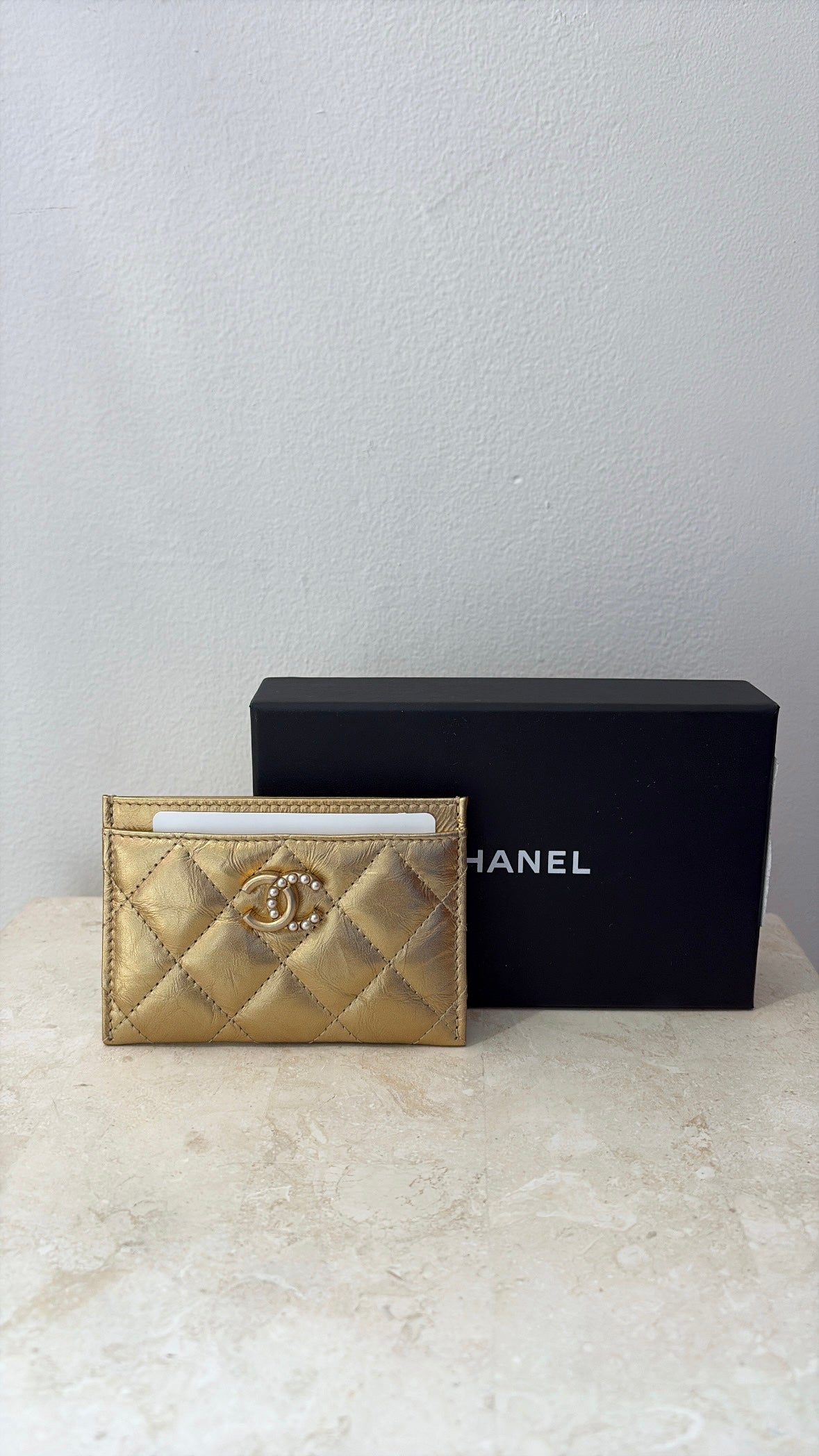 Chanel Gold Leather Quilted Card Holder