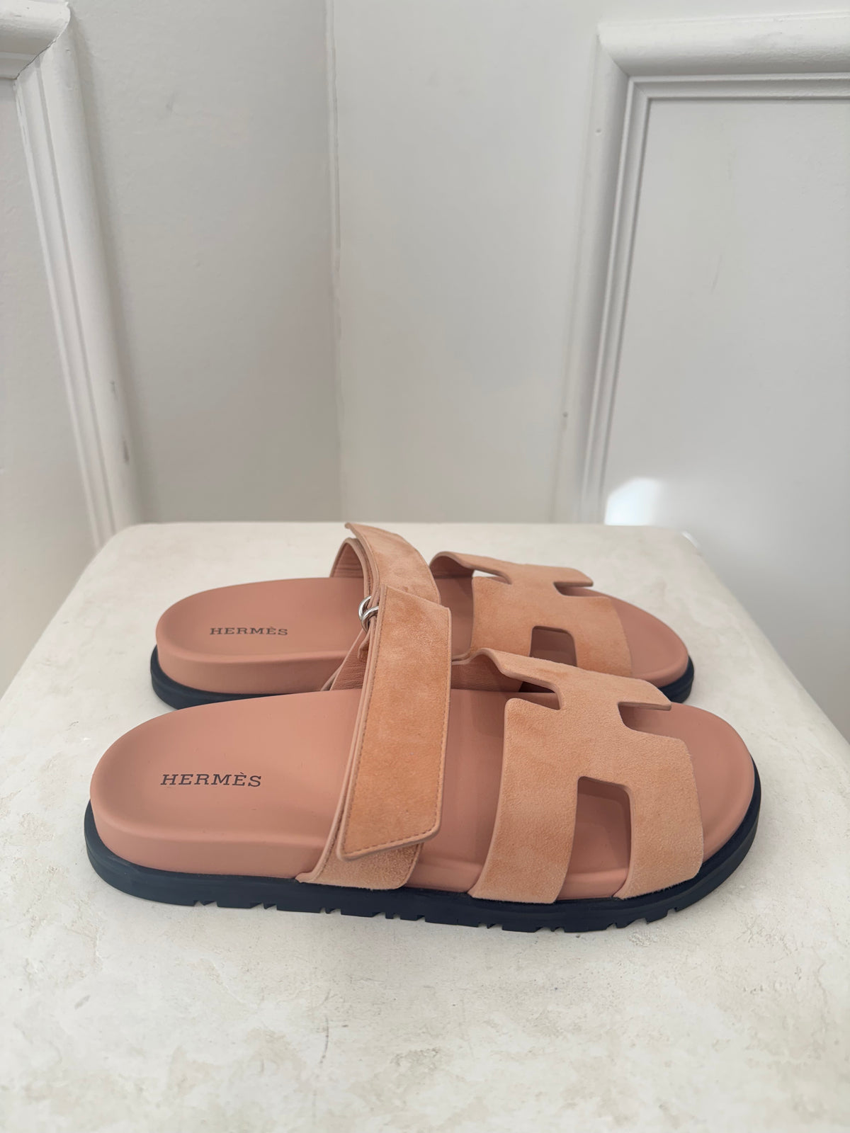 Hermès Blush Pink Suede Chypre Sandals, 37