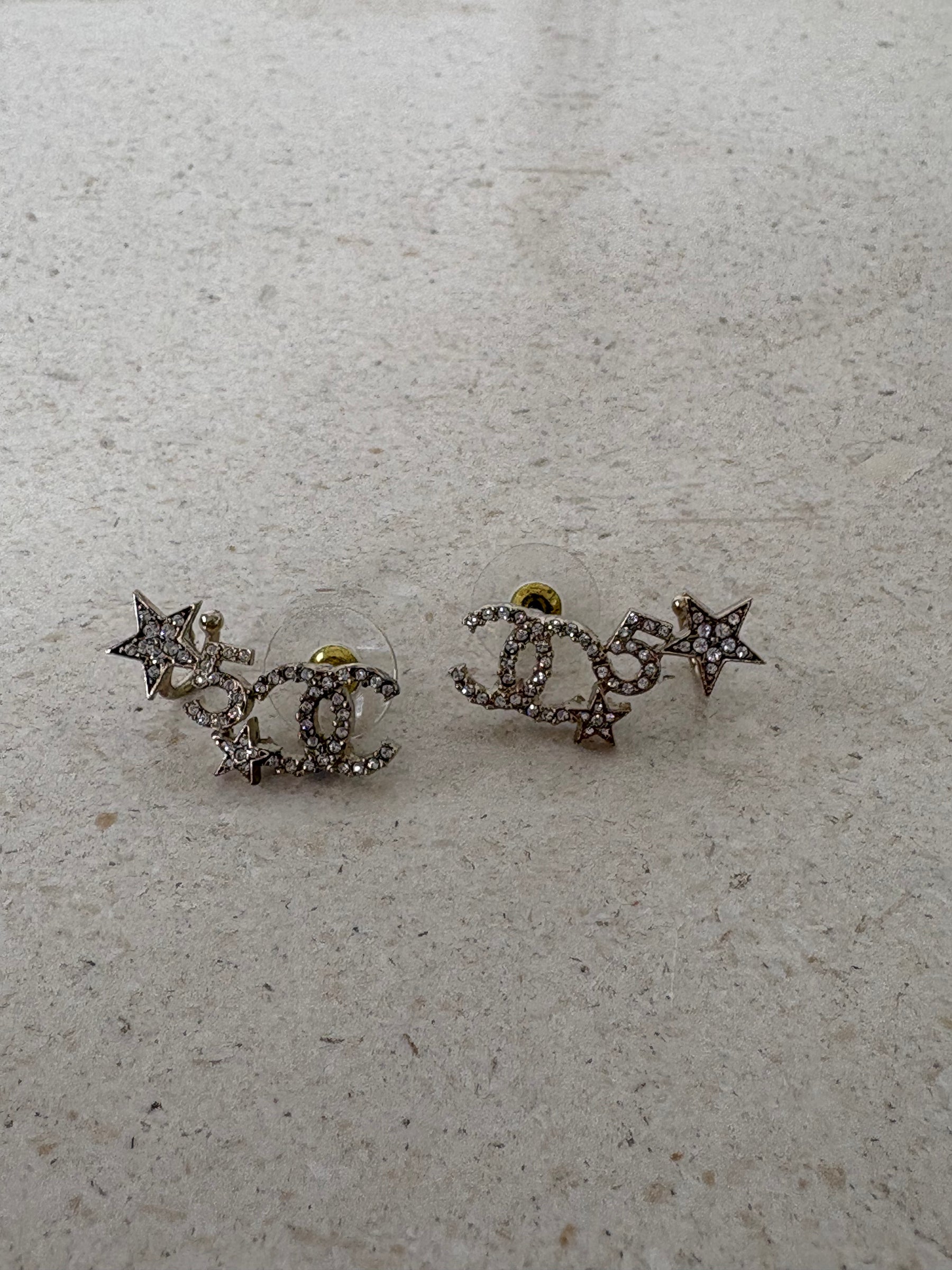 Chanel Gold Tone and Crystal CC No 5 Stud Earrings