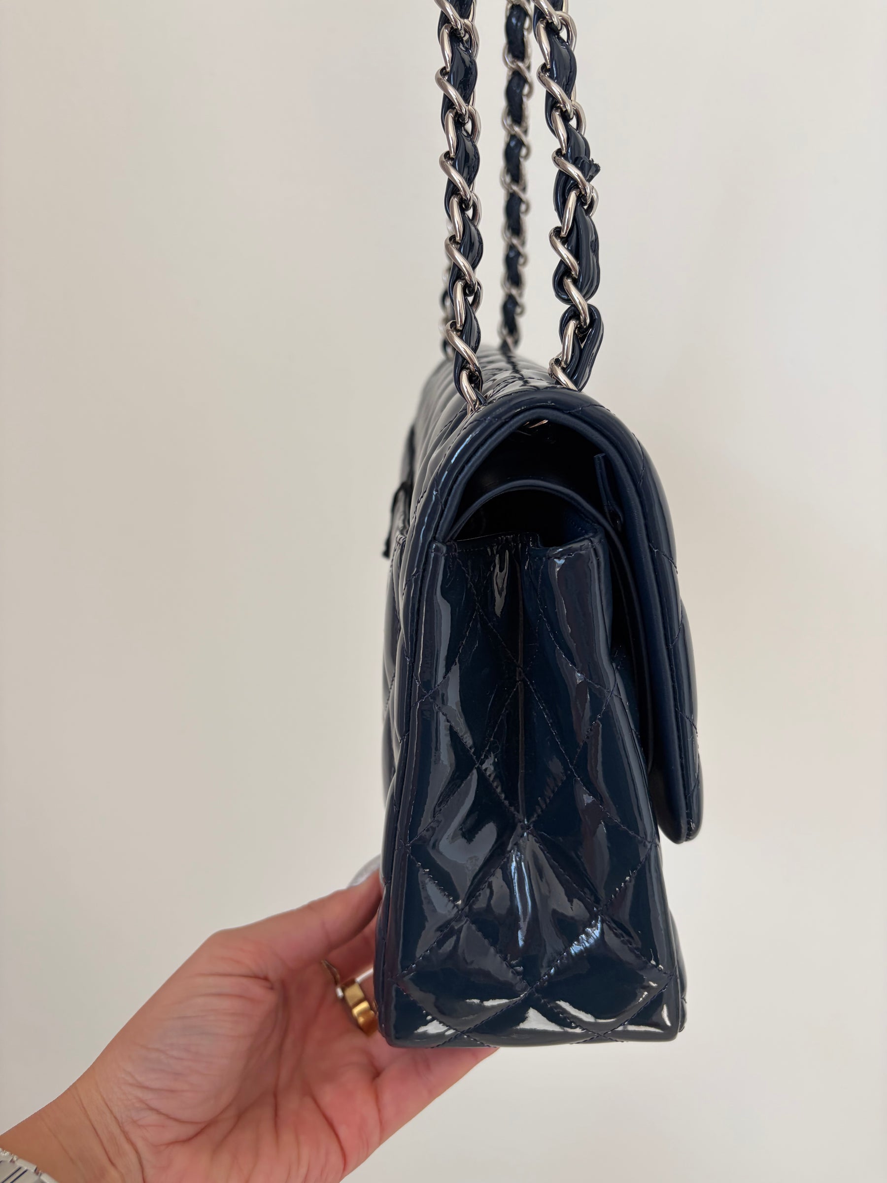 Chanel Navy Blue Patent Leather Jumbo Flap Bag