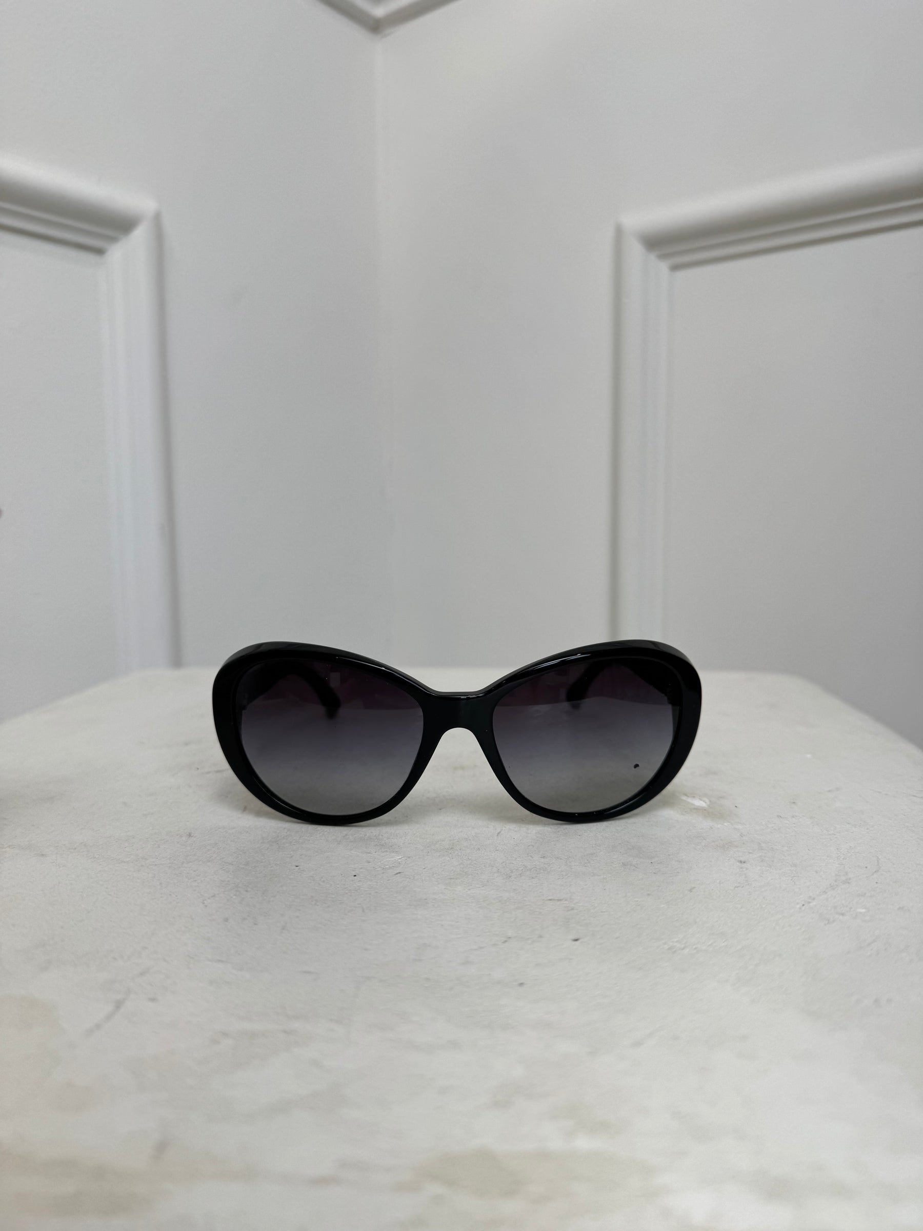 Chanel Black Round Tweed Arm Sunglasses