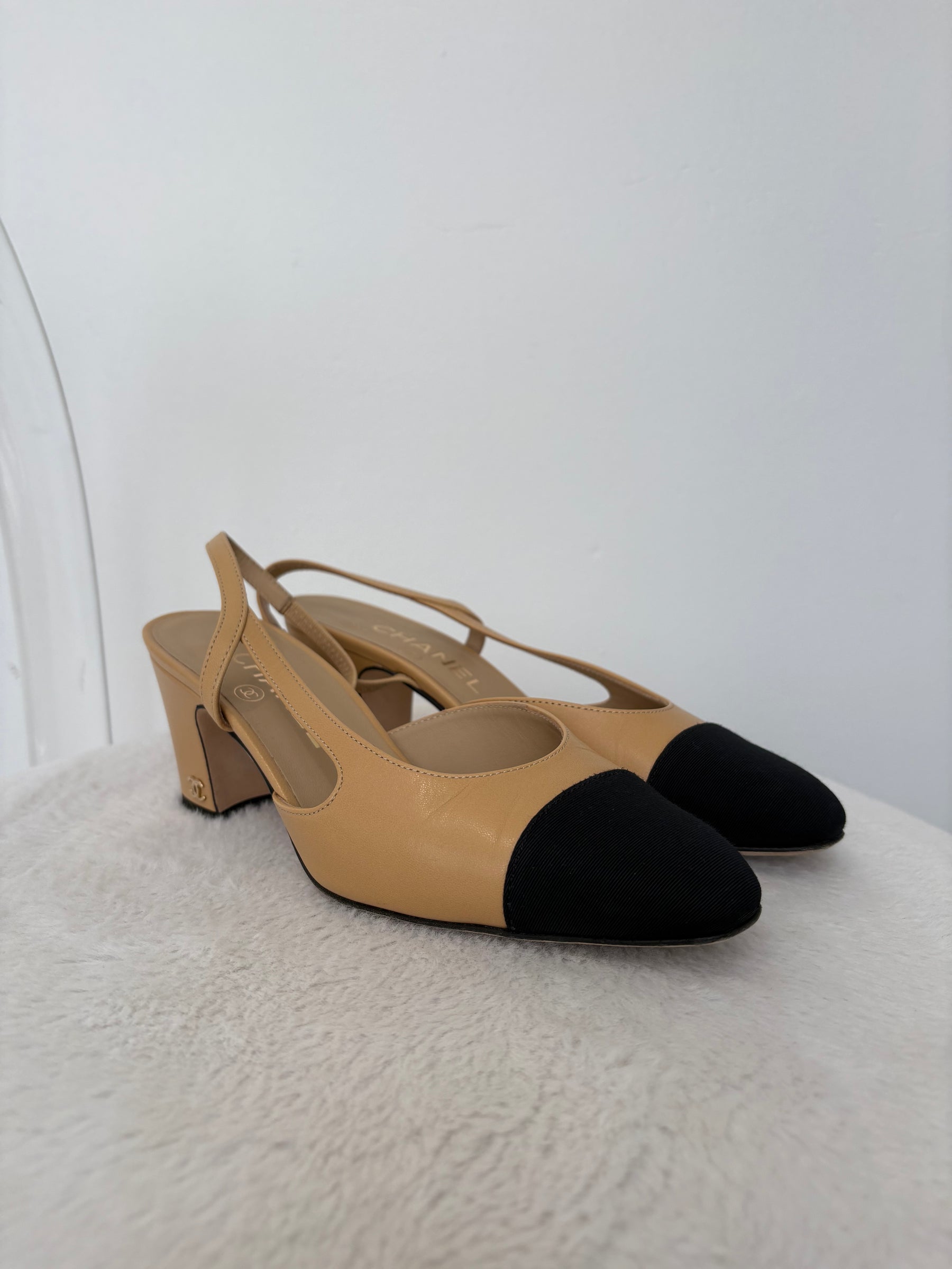 Chanel Beige and Black Heeled Slingback, 36