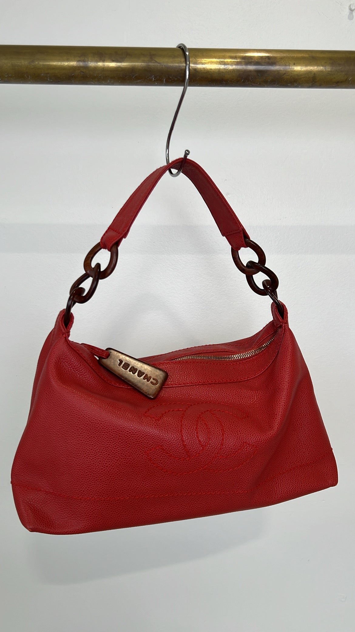 Chanel Red Caviar Leather Wood Detail Shoulder Bag