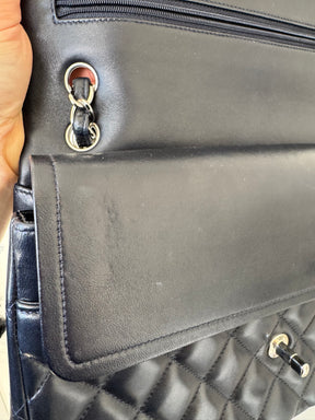 Chanel Navy Lambskin Leather Jumbo Double Flap with Silver Hardware