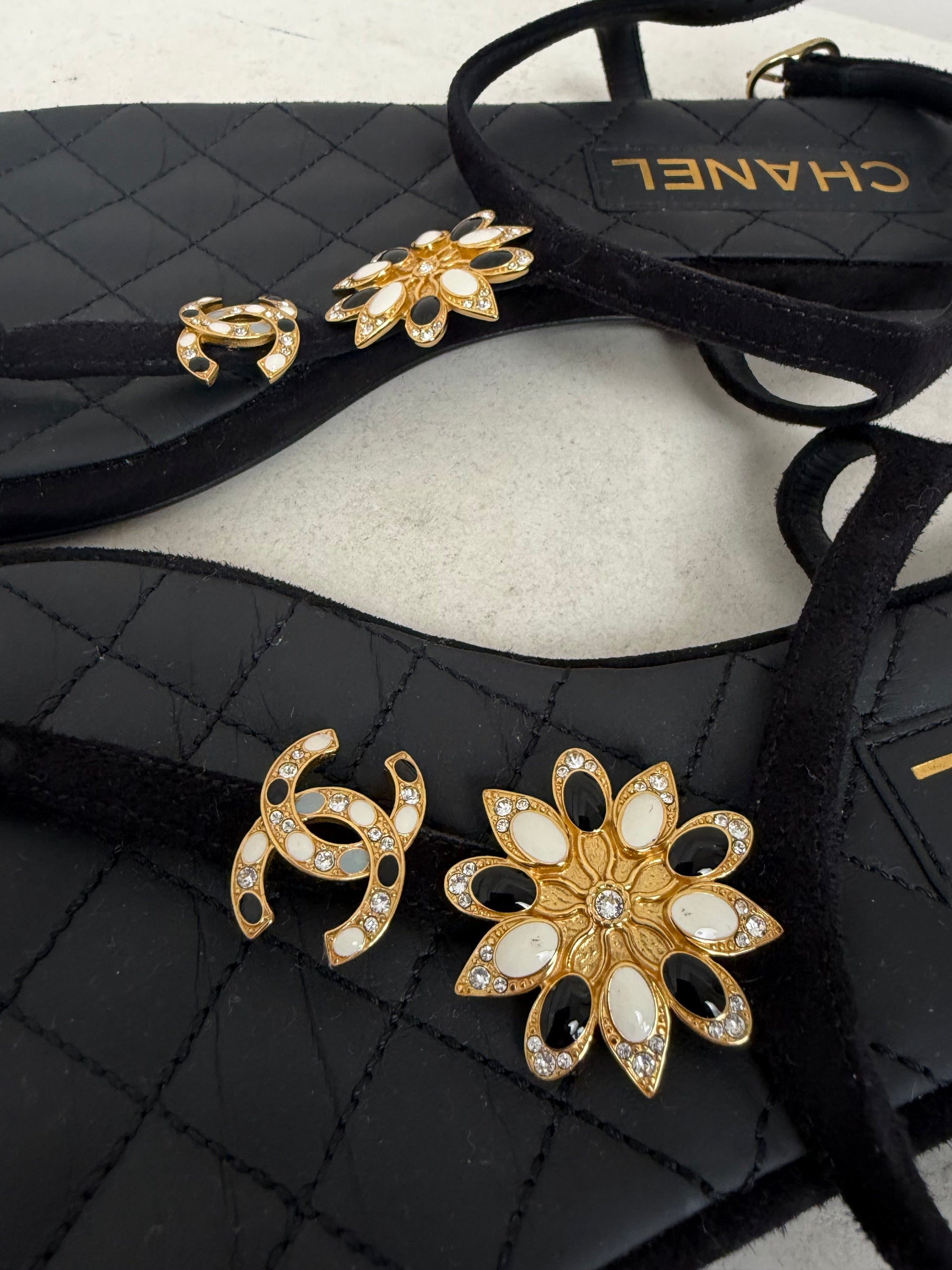 Chanel Black Suede Floral CC T Bar Sandals, 38.5