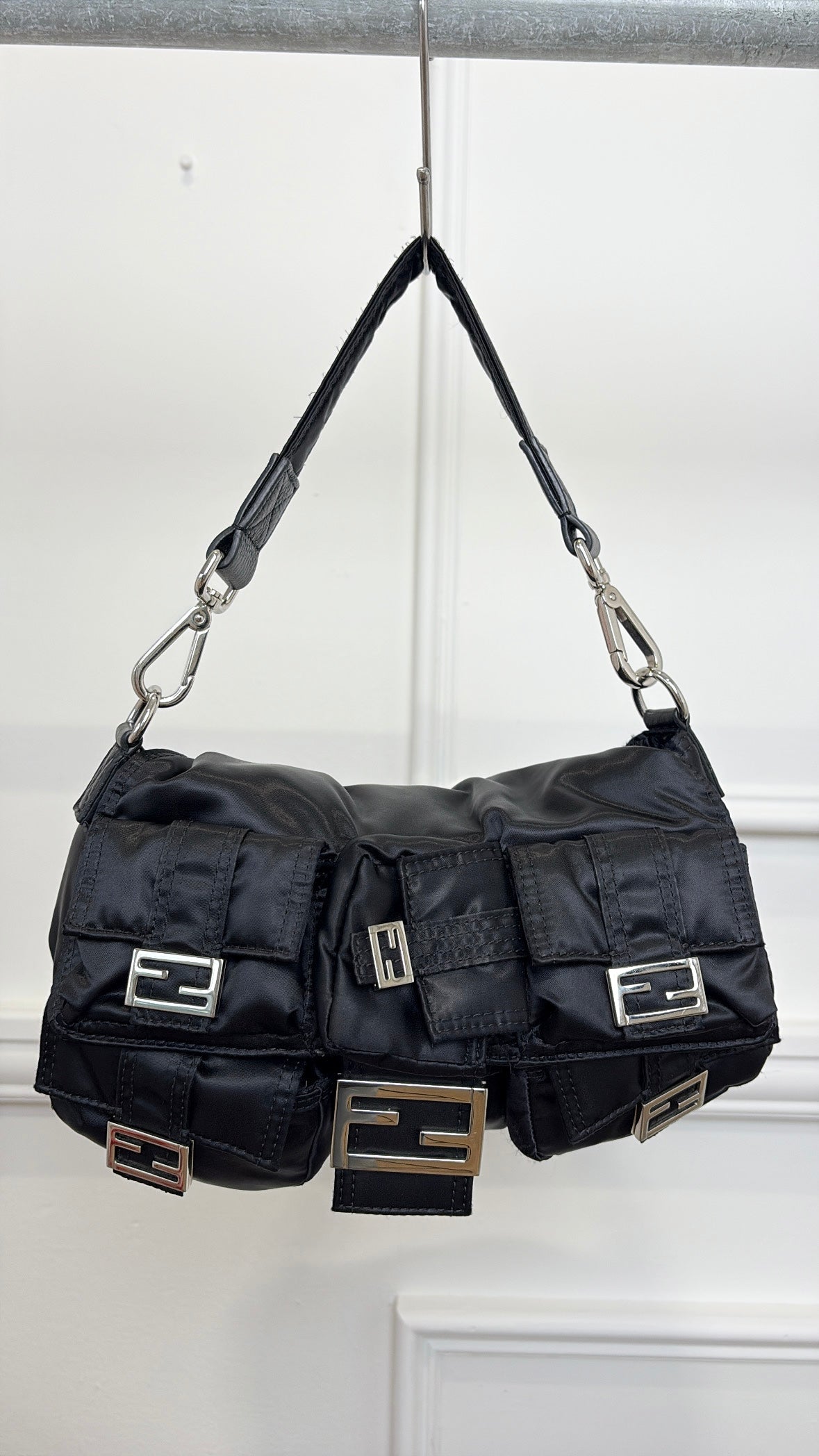 Fendi Black Nylon Multi Pocket Convertible Baguette Bag