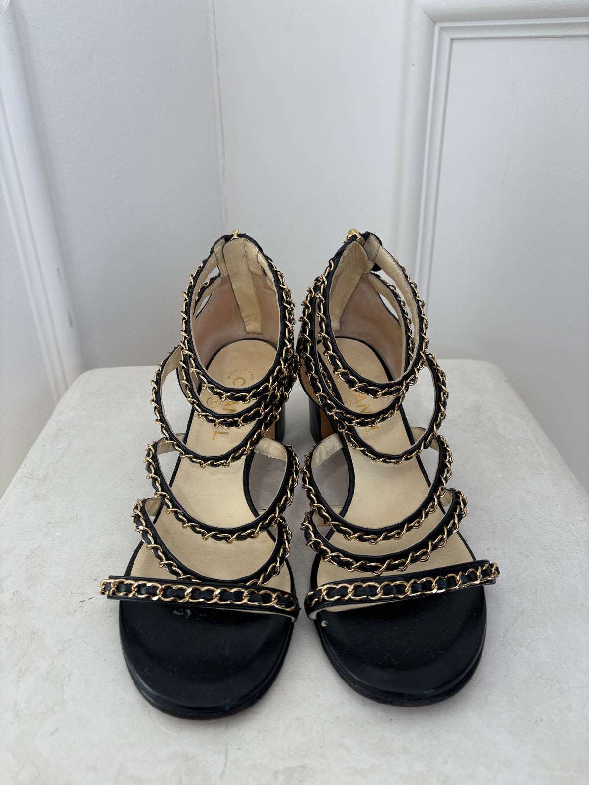 Chanel Block Heel Gold Chain Sandal In Black, 41