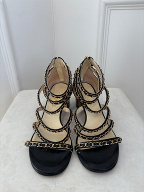 Chanel Block Heel Gold Chain Sandal In Black, 41