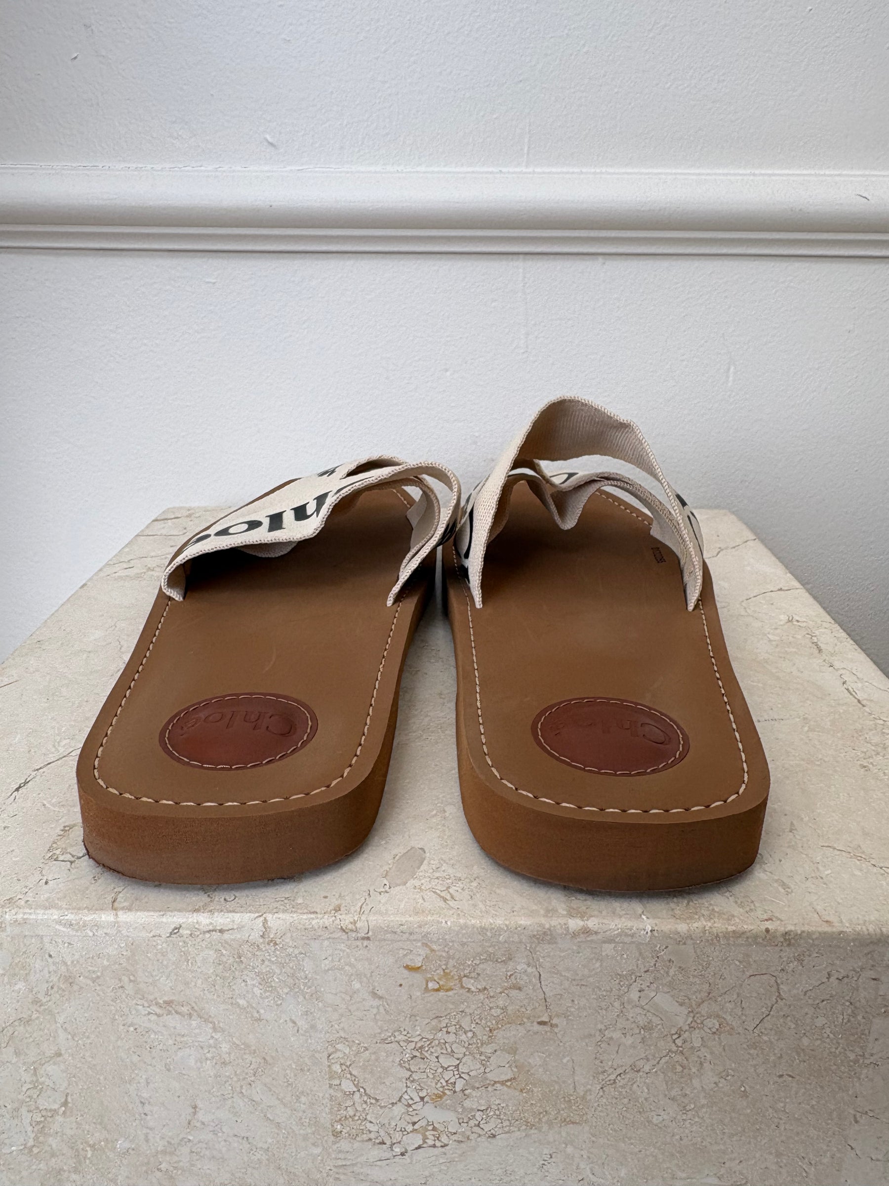 Chloé Cream Canvas Logo Woody Slides, 42