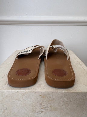 Chloé Cream Canvas Logo Woody Slides, 42