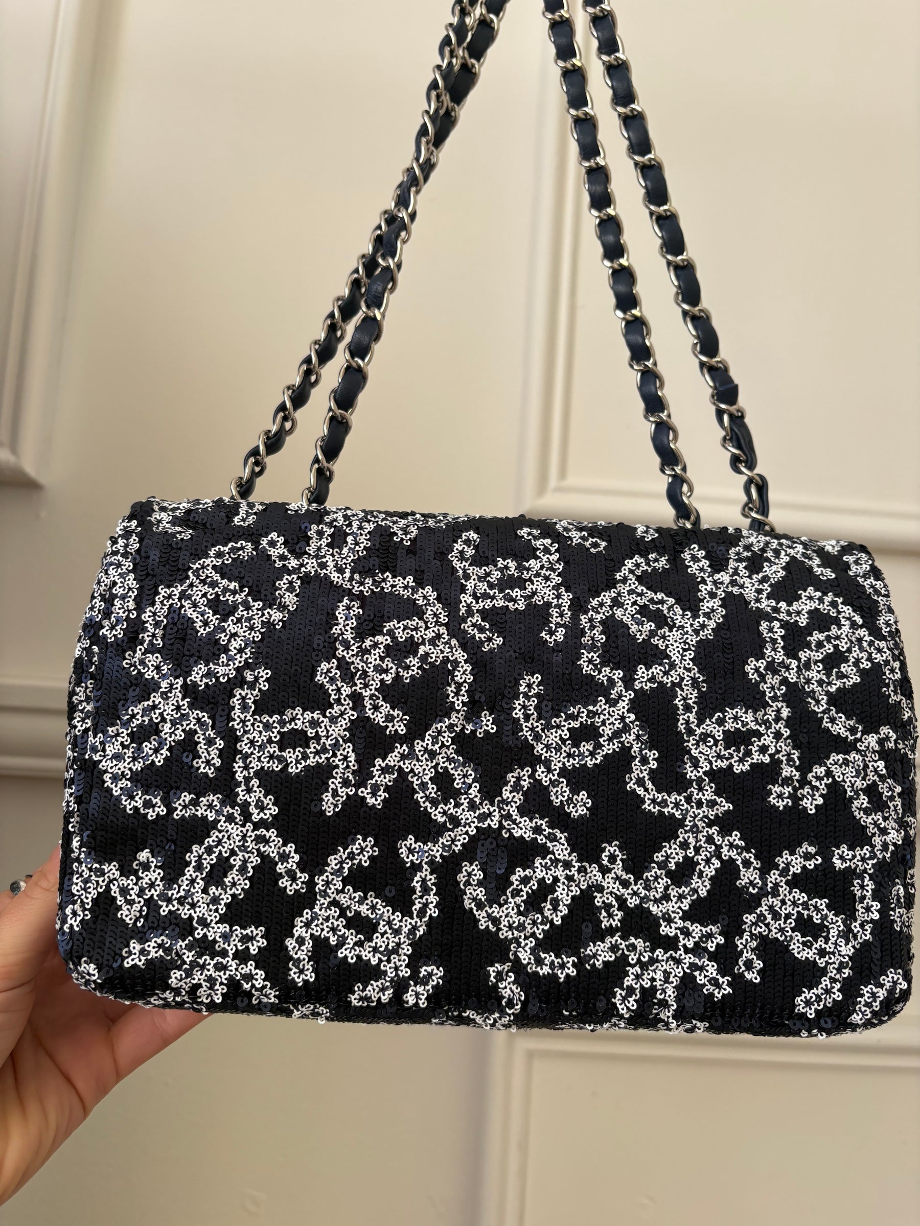 Chanel Navy and White Sequin Logo Medium Flap Bag