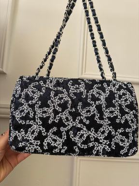 Chanel Navy and White Sequin Logo Medium Flap Bag