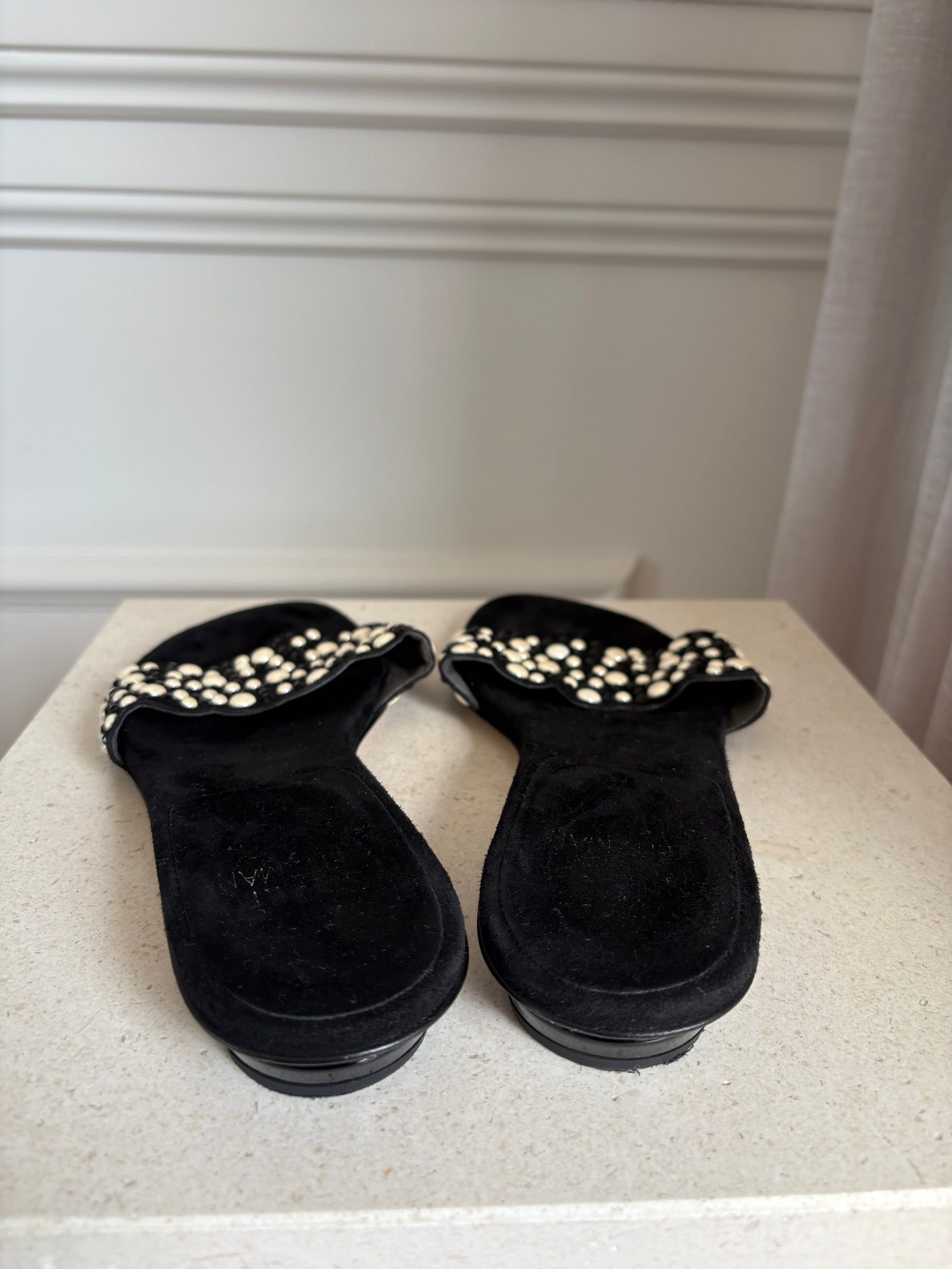 Stuart Weitzman Black Suede Crystal Slides, 38