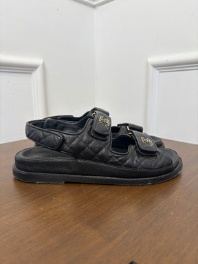 Chanel Black Caviar Leather Dad Sandals, 37.5 C