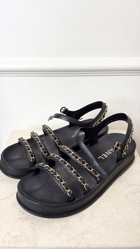 Chanel Black Leather and Chain Platform Sandals, 38