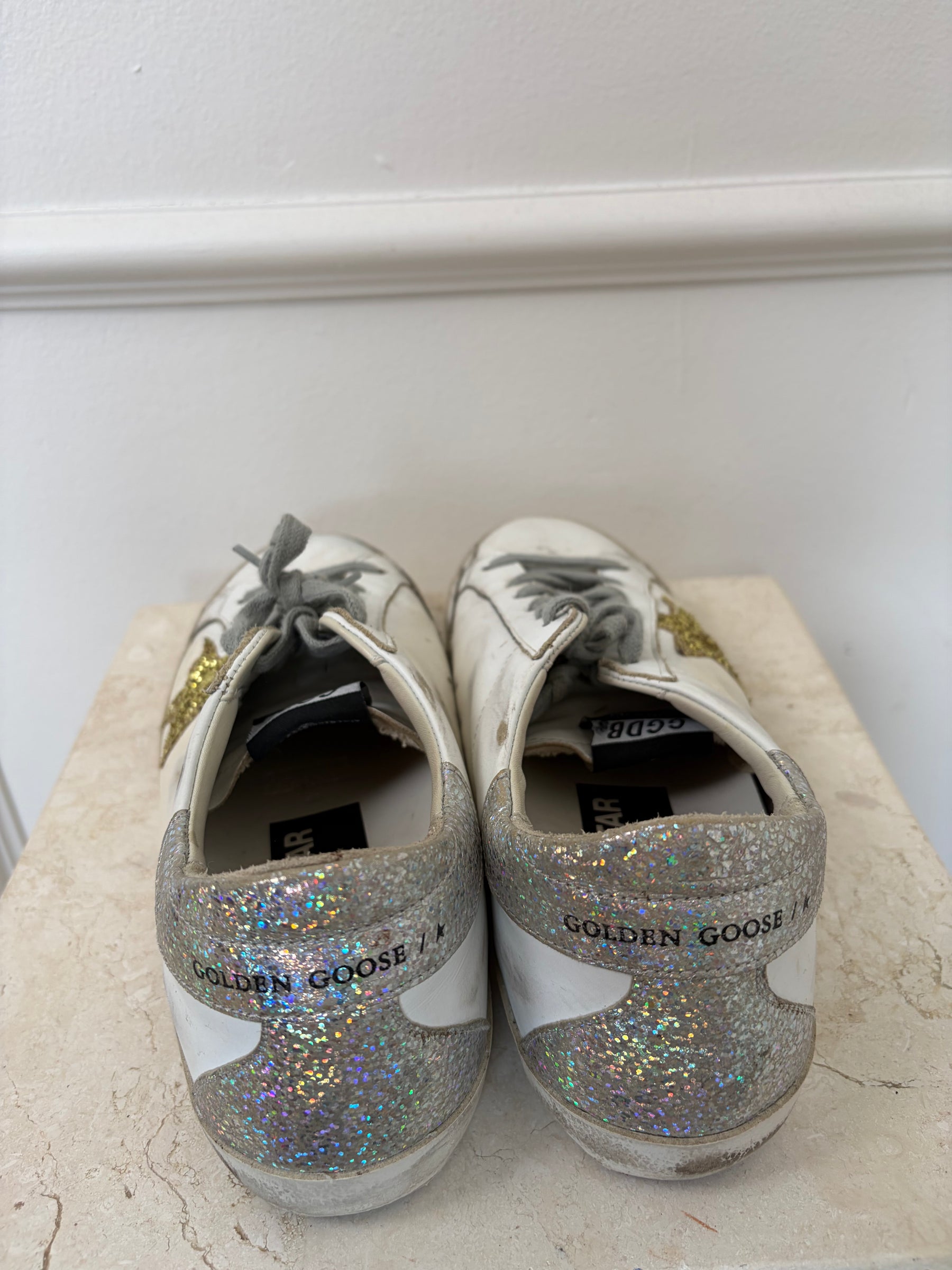 Golden Goose White and Gold and Silver Superstar Sneaker, 41