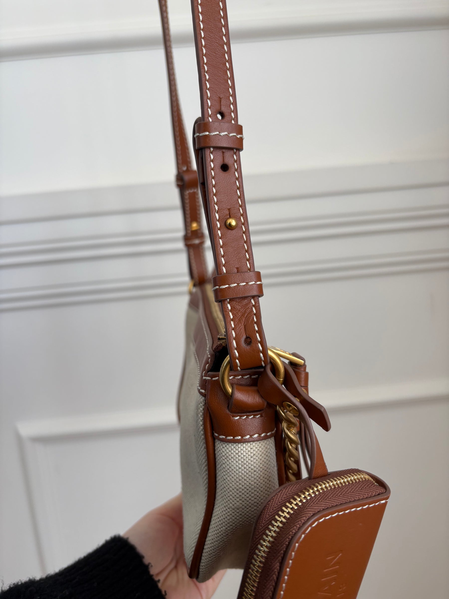 Balmain Tan Leather and Canvas Logo Crossbody bag