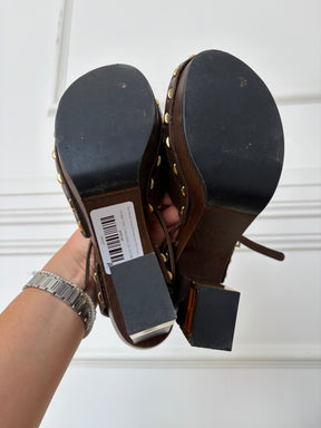 Fendi Brown Leather Platform Logo Heel Clogs, 38