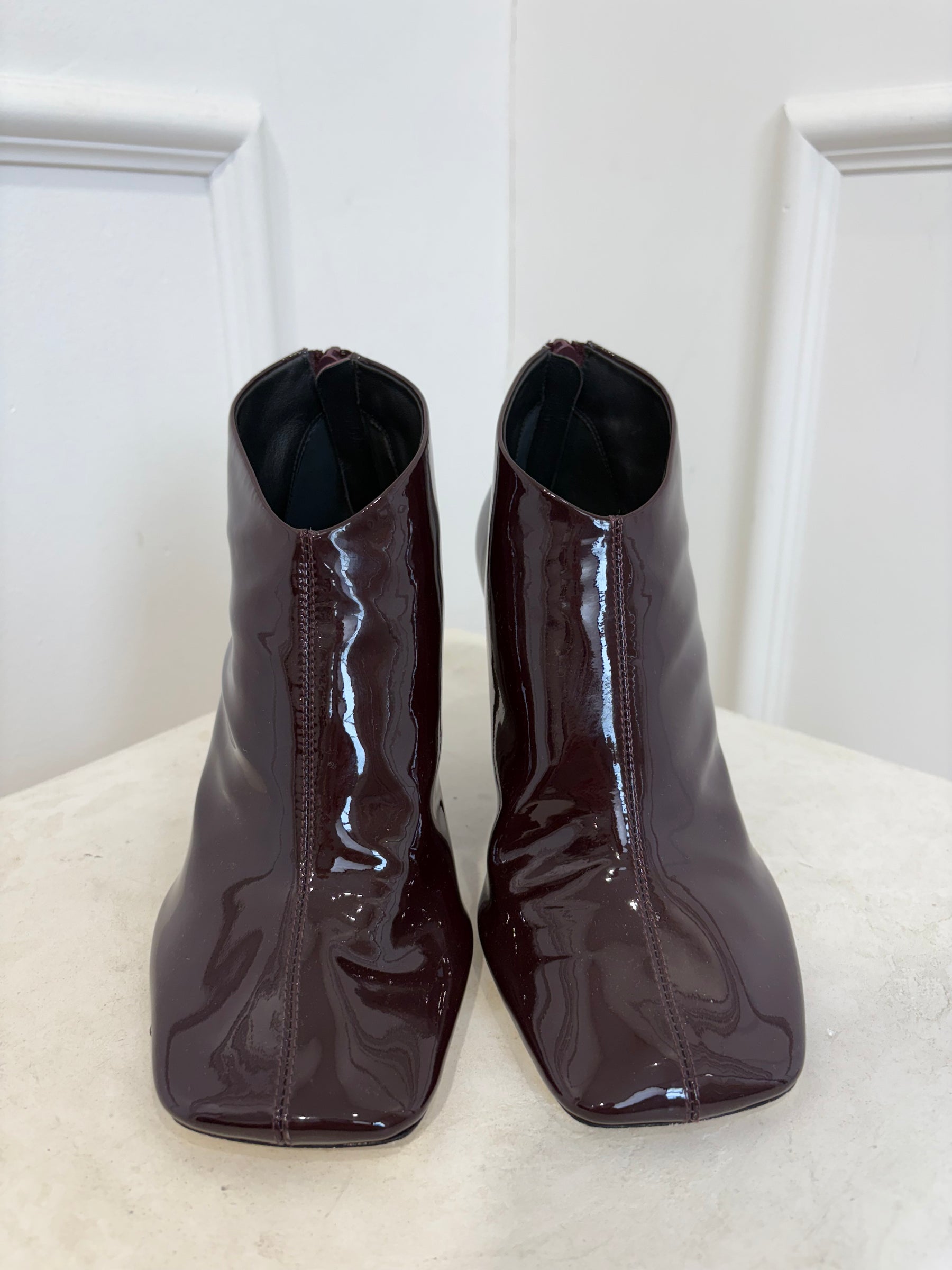 Phoebe Philo Aubergine Patent Square Toe Heeled Boot, 39