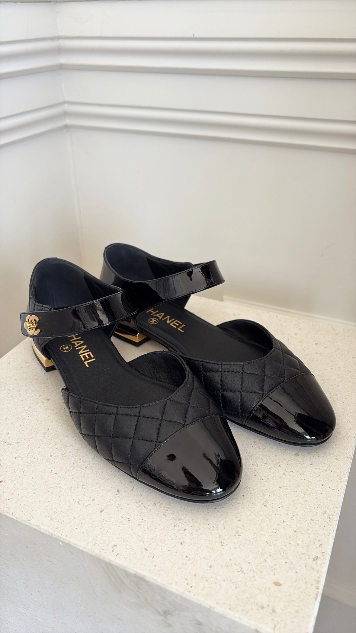 Chanel Black Quilted and Patent Leather Turn Lock Mary Janes, 38 C