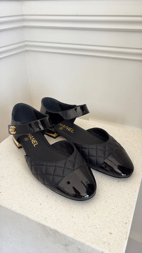 Chanel Black Quilted and Patent Leather Turn Lock Mary Janes, 38 C