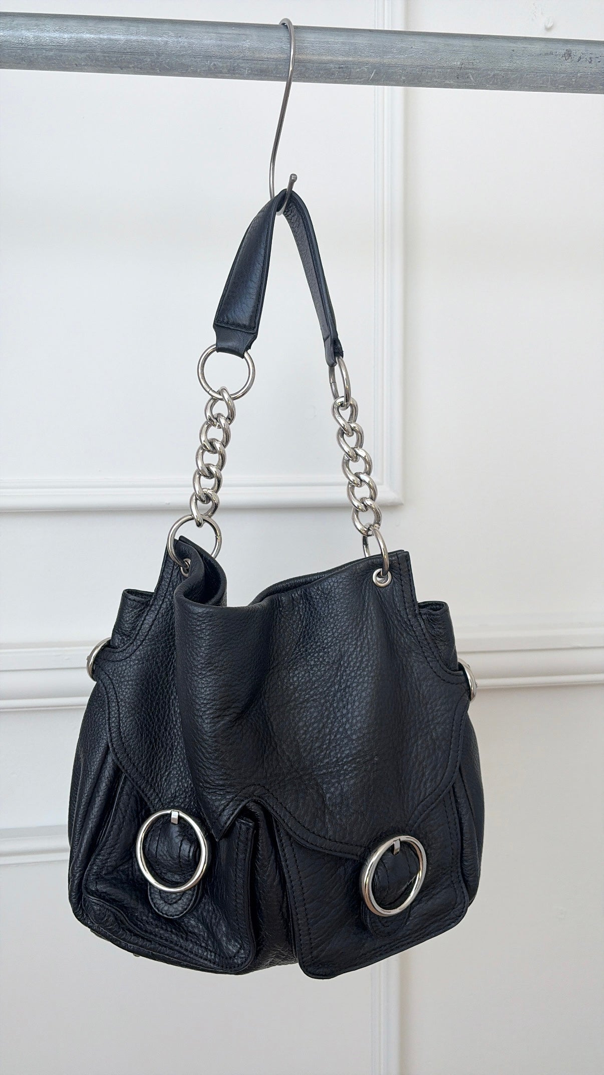 Oroton Black Leather Silver Hardware Hobo Bag