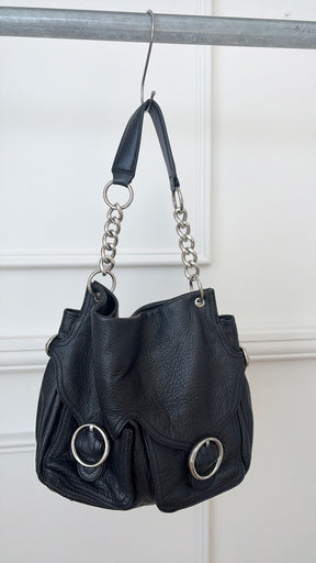 Oroton Black Leather Silver Hardware Hobo Bag