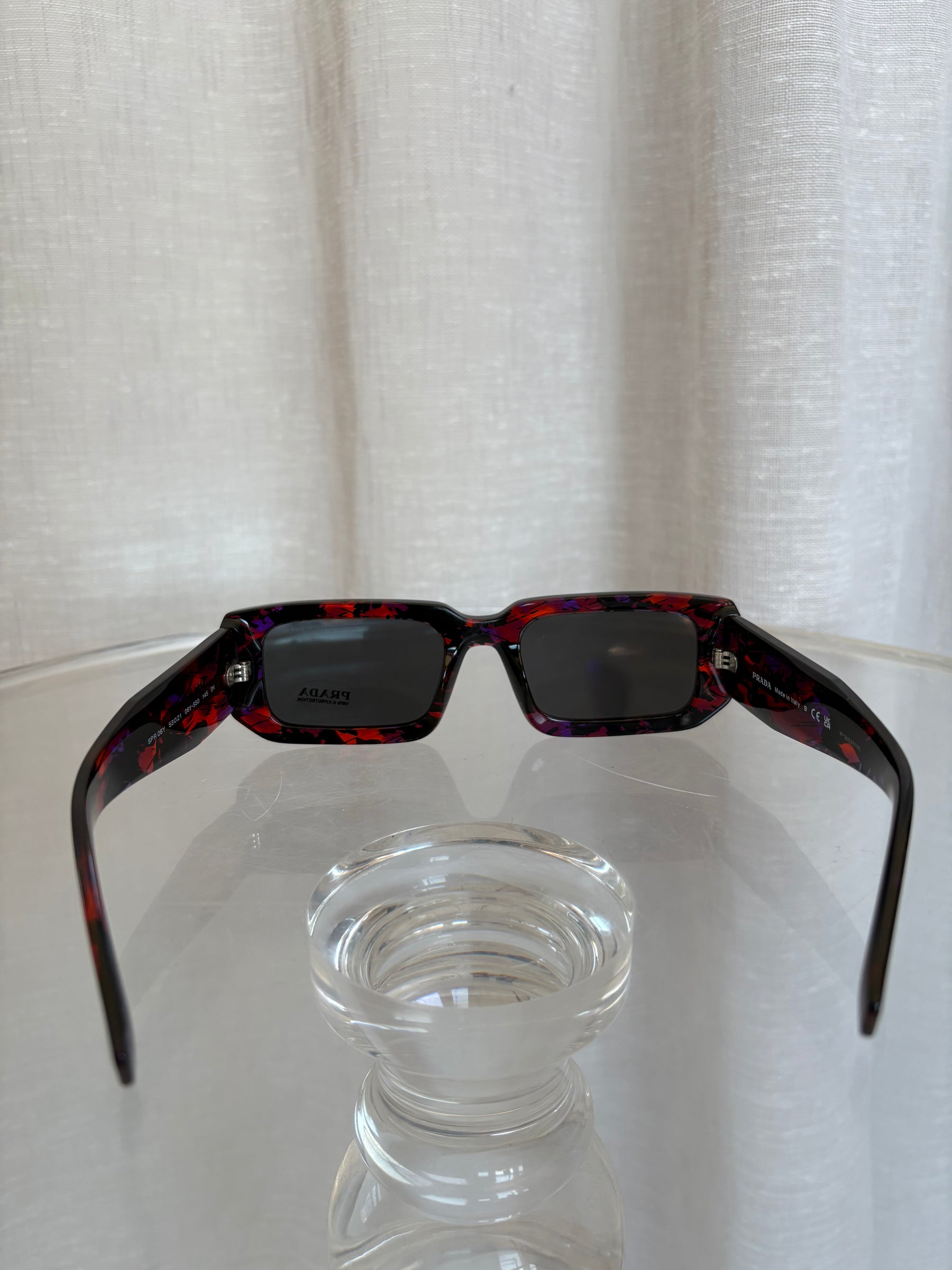 Prada Red and Black Marbled Acetate Rectangular Sunglasses