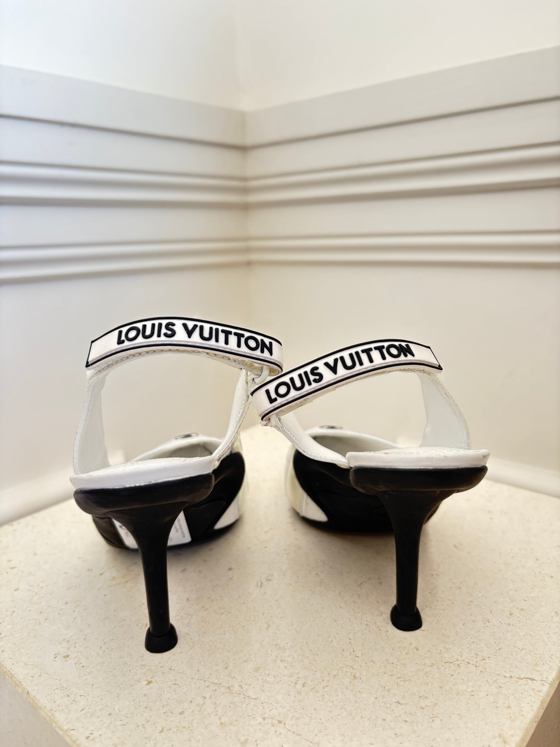 Louis Vuitton White Leather and Cream Patent Slingback Logo Pumps