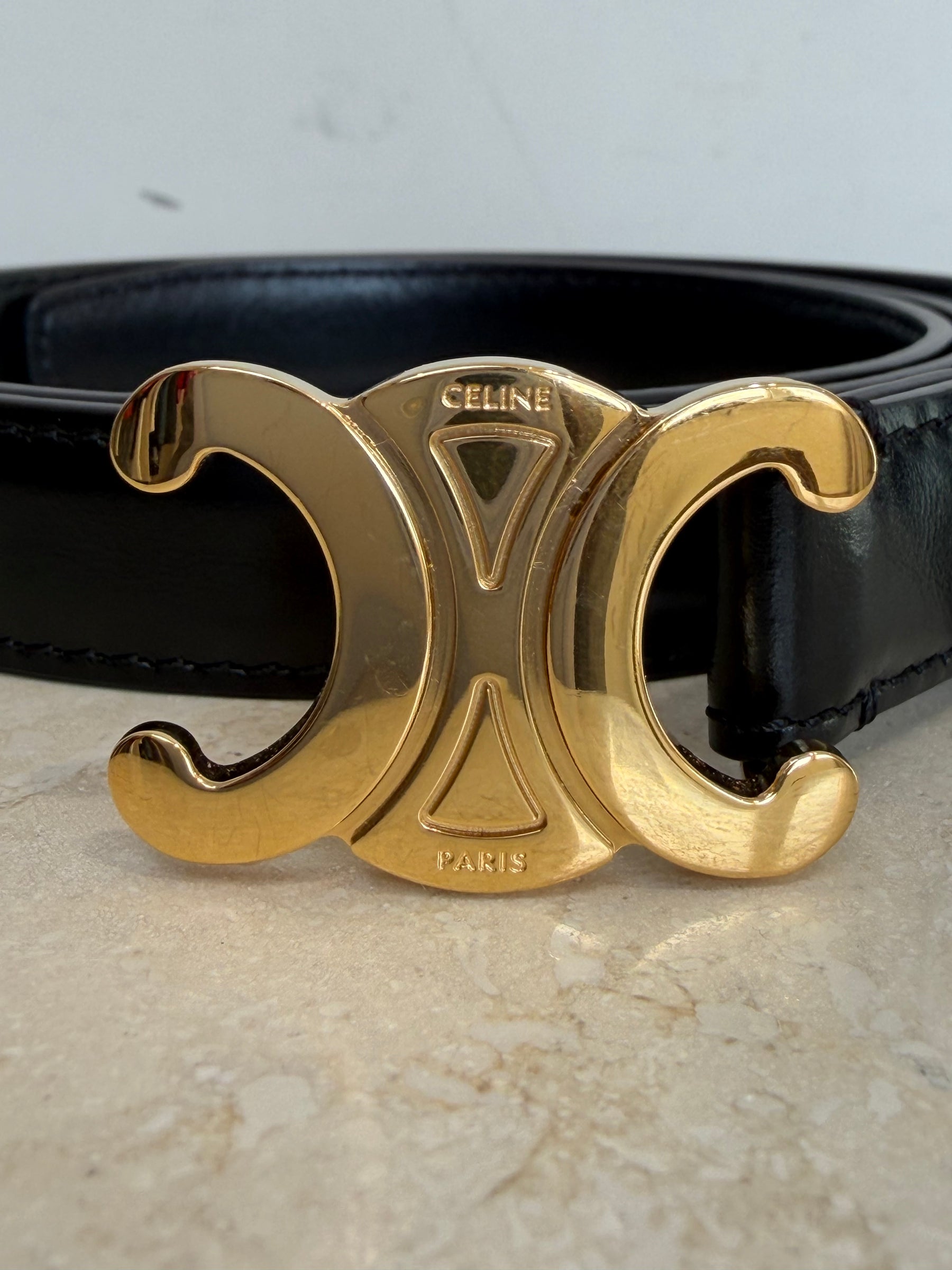 Celine Black Leather Triomphe Logo belt, 75